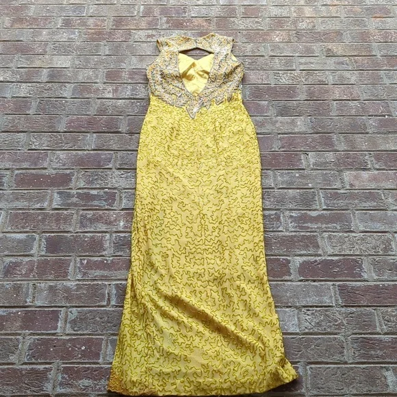 Vintage 1980s Alyce Designs Yellow All Over Glass Beaded Formal Dress - Picture 5 of 8